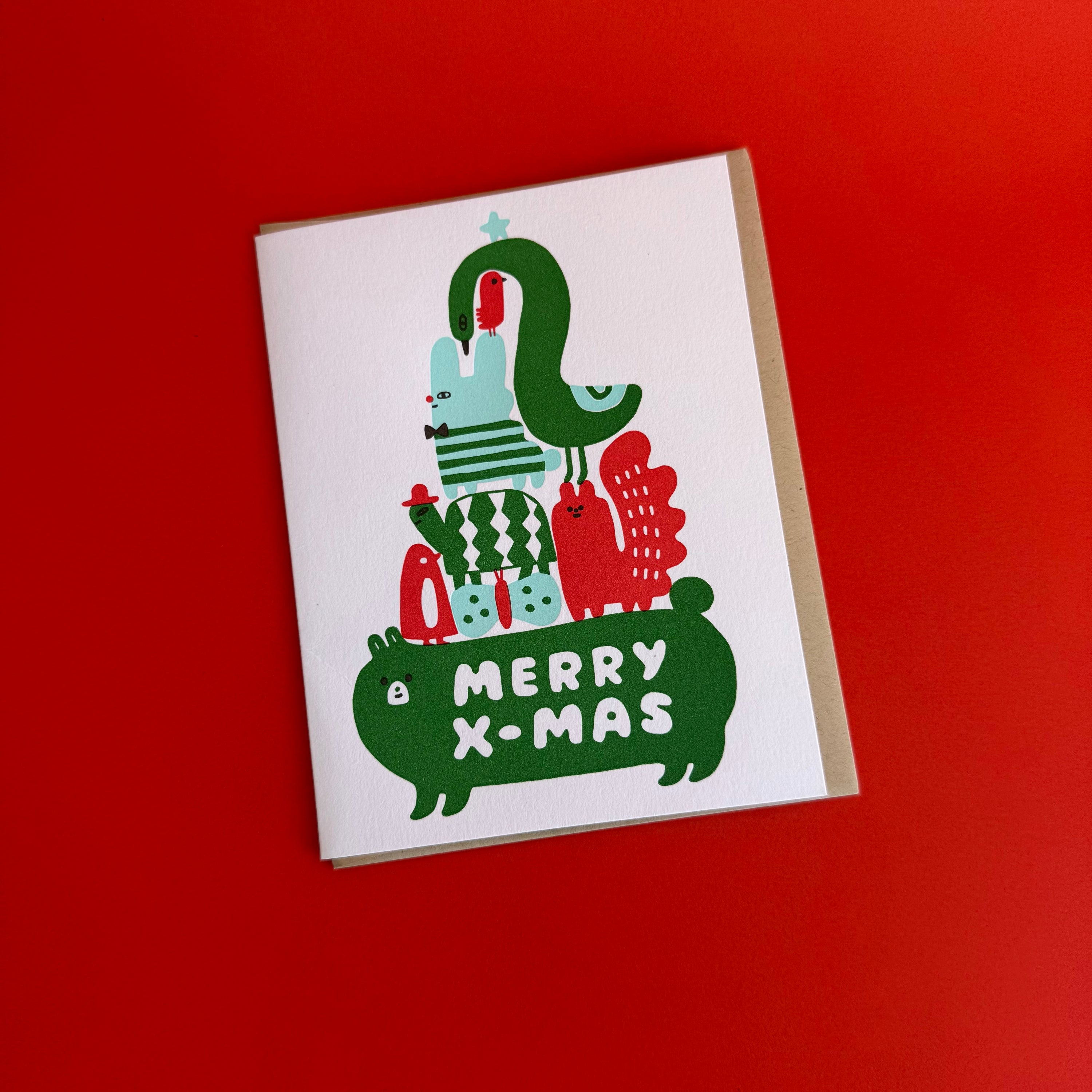 Holiday Animal Tree Stack Letterpress Card