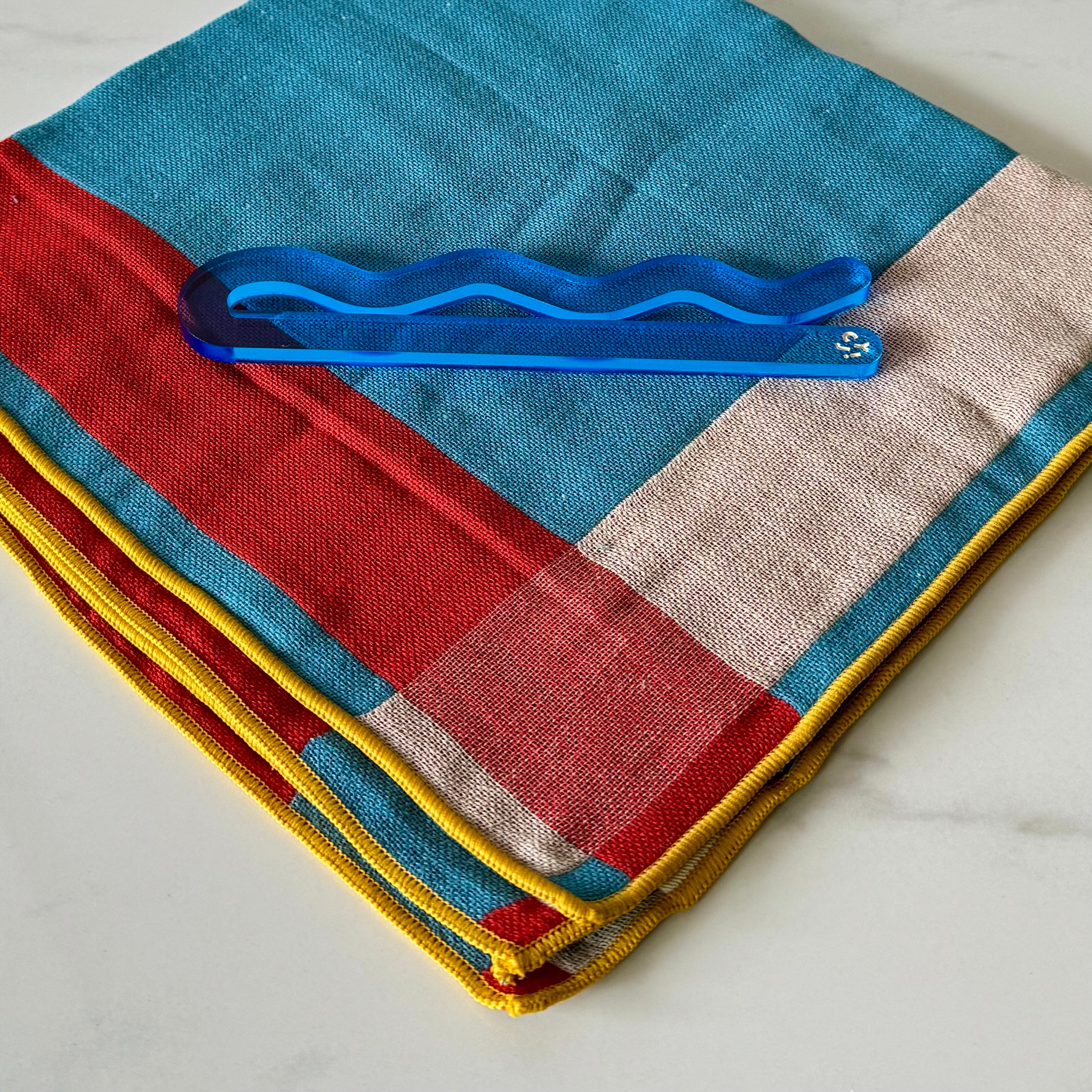 Imabari Towel- Red + Light Blue Color Block with Blue Pin